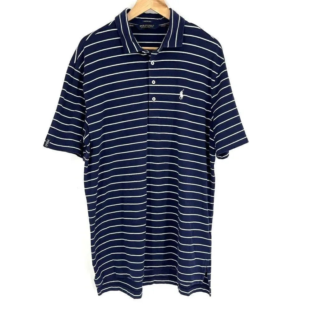 Polo Golf Ralph Lauren Shirt Size Large Mens Navy Stripe Lisle Plaid Trim Wick